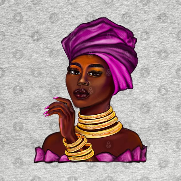 Queen Black is beautiful II black girl with Gold bangles, neck ring necklace, purple dress and head wrap, brown eyes and dark brown skin ! by Artonmytee